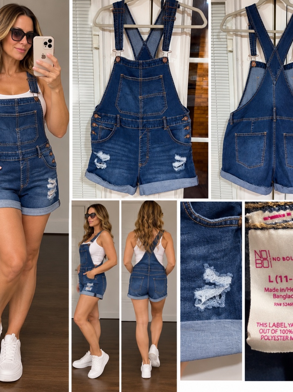 No Boundaries Dark Blue Distressed Denim Short Overalls